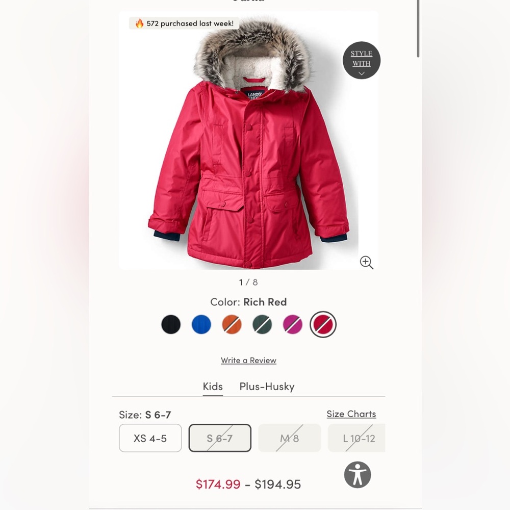 Lands’ End Kids Expedition Waterproof Winter Down Parka Rich Red Size S 6-7